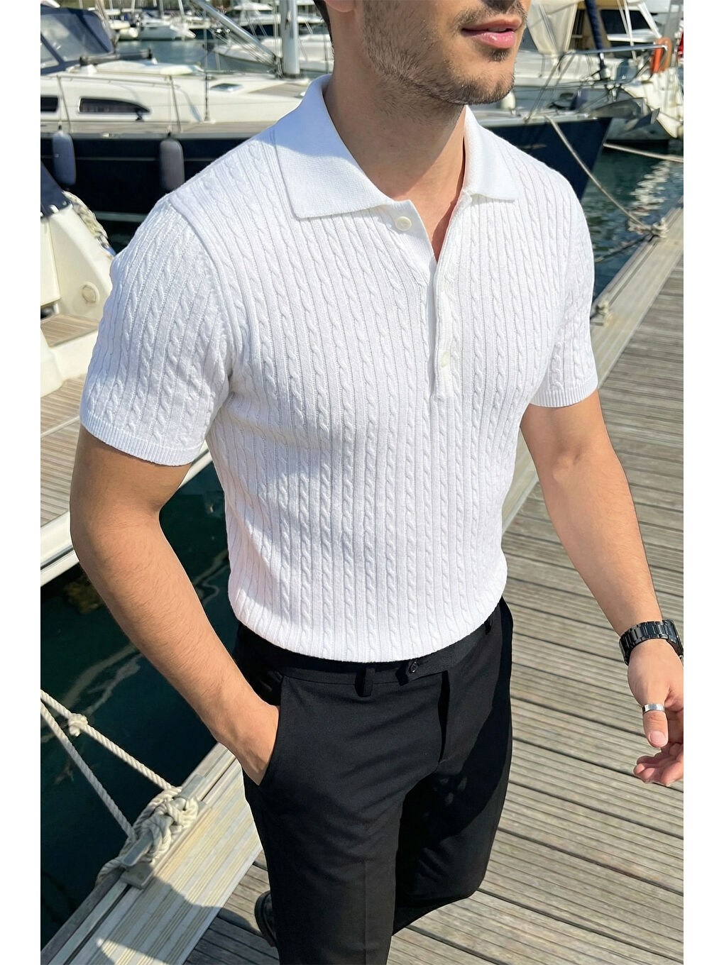 Beyaz Tangi Premium Pamuk Slim Fit Polo Yaka Erkek Triko Tişört-3