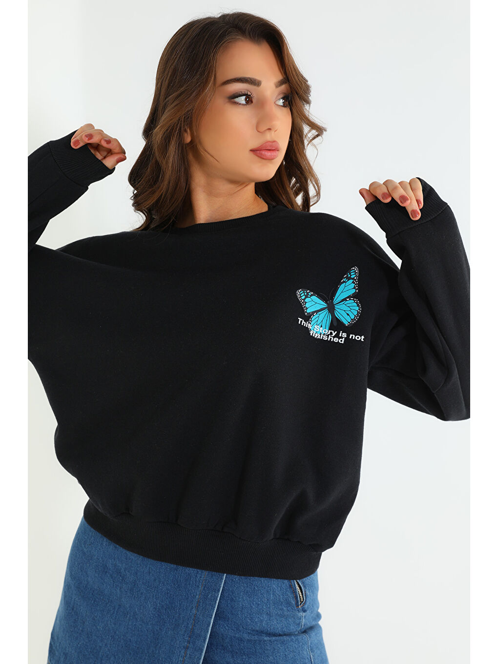 GÜLSELİ Siyah Kadın Şardonlu Salaş Sweatshirt - 4