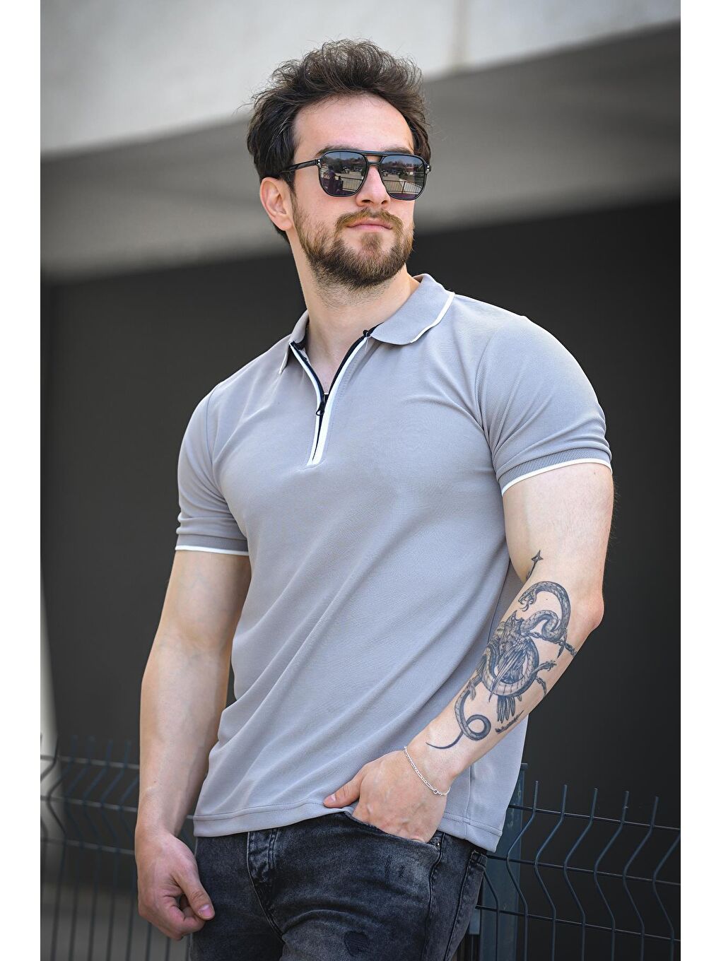 Gri Calep Yakası Şeritli Slim Fit Fermuarlı Polo Yaka Erkek Tshirt