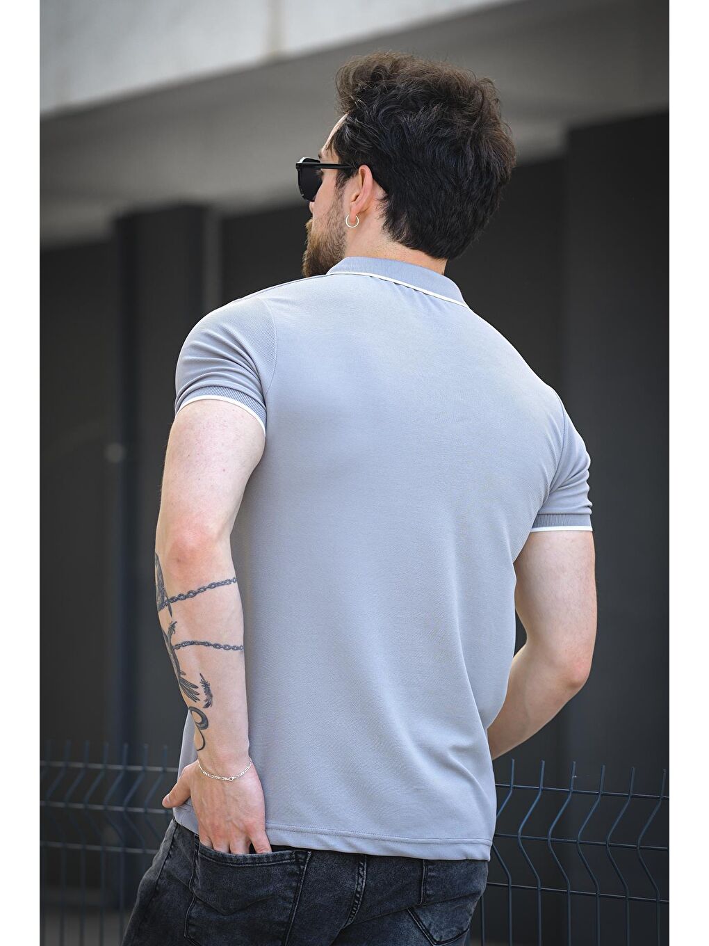 Gri Calep Yakası Şeritli Slim Fit Fermuarlı Polo Yaka Erkek Tshirt-2