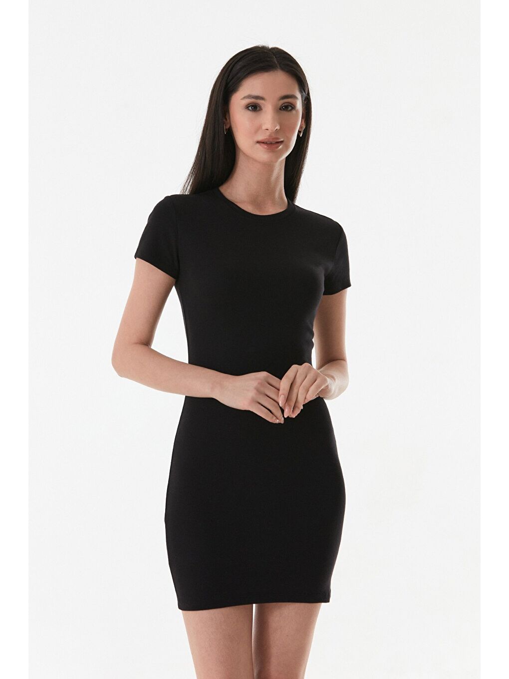 Siyah Basic Bisiklet Yaka Elbise-1