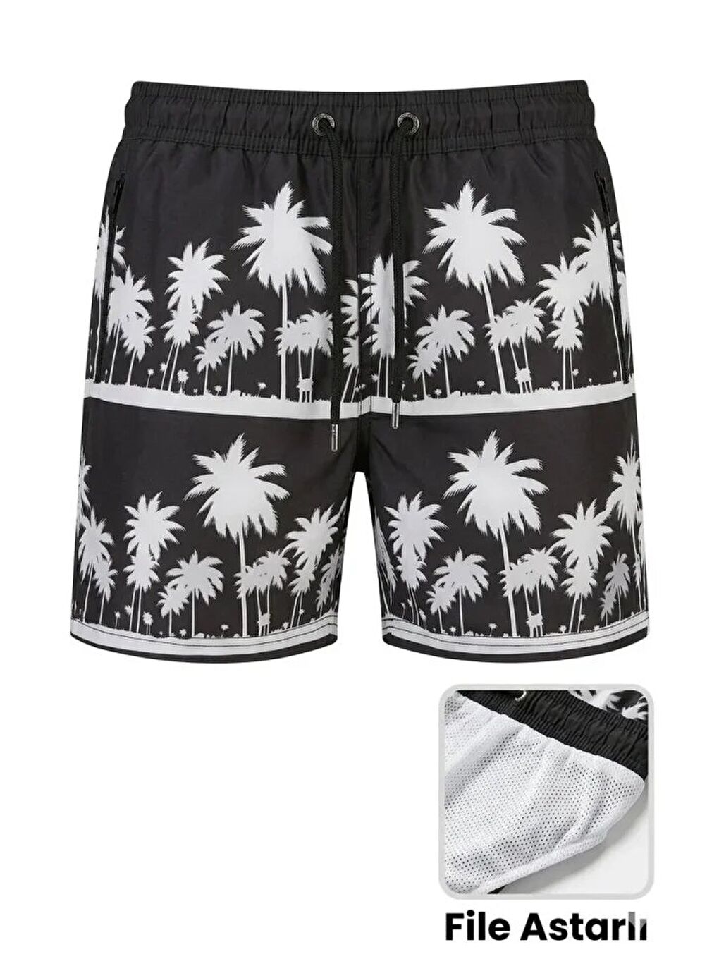 Erkek Deniz Şortu Fermuarlı Cepli File Astarlı Hızlı Kuruyan Premium - Siyah