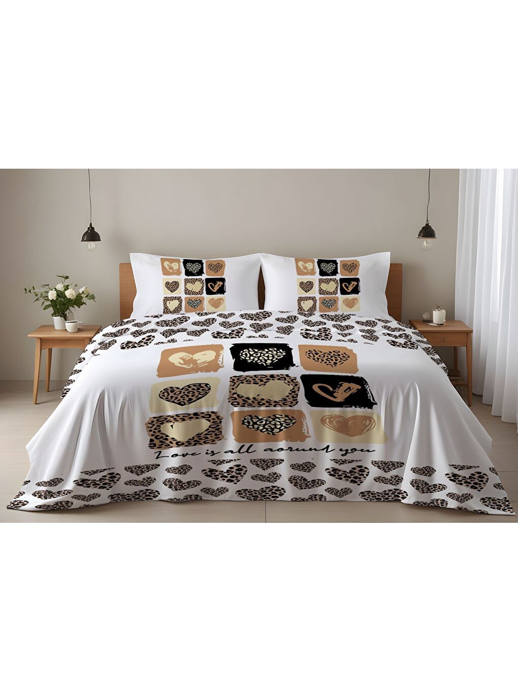 Karışık Sevgililer Günü Özel Çift Kişilik Pamuklu Nevresim Takımı 200x220 cm Çift Taraf Baskılı