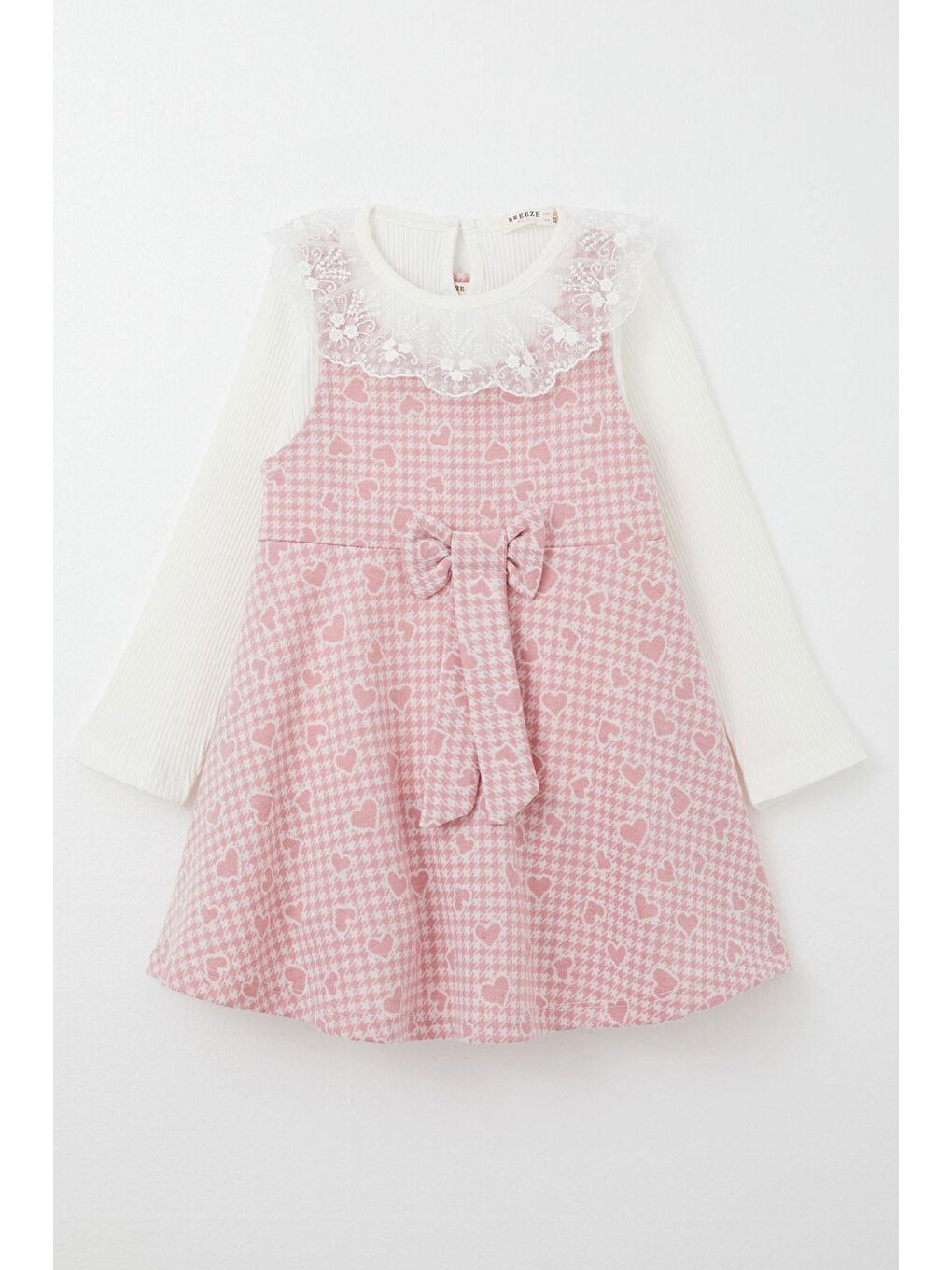 Kız Çocuk Uzun Kollu Jile Elbise Bodyli Kalp Desenli Pembe (8 Yaş)