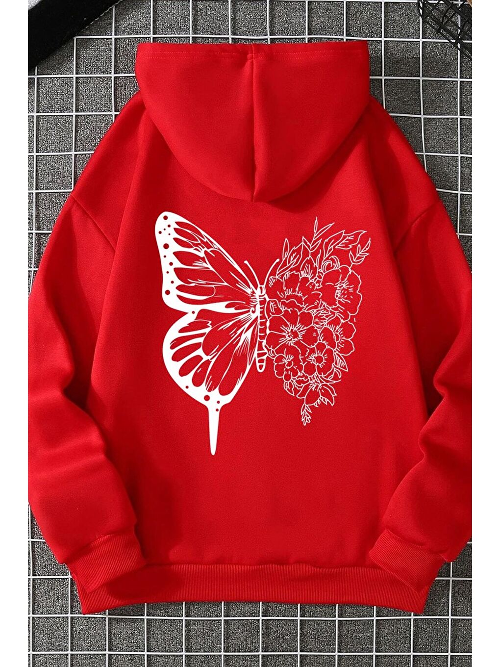 uyguntarz Kırmızı Unisex Drawing Butterflies Sırt Baskılı Sweatshirt