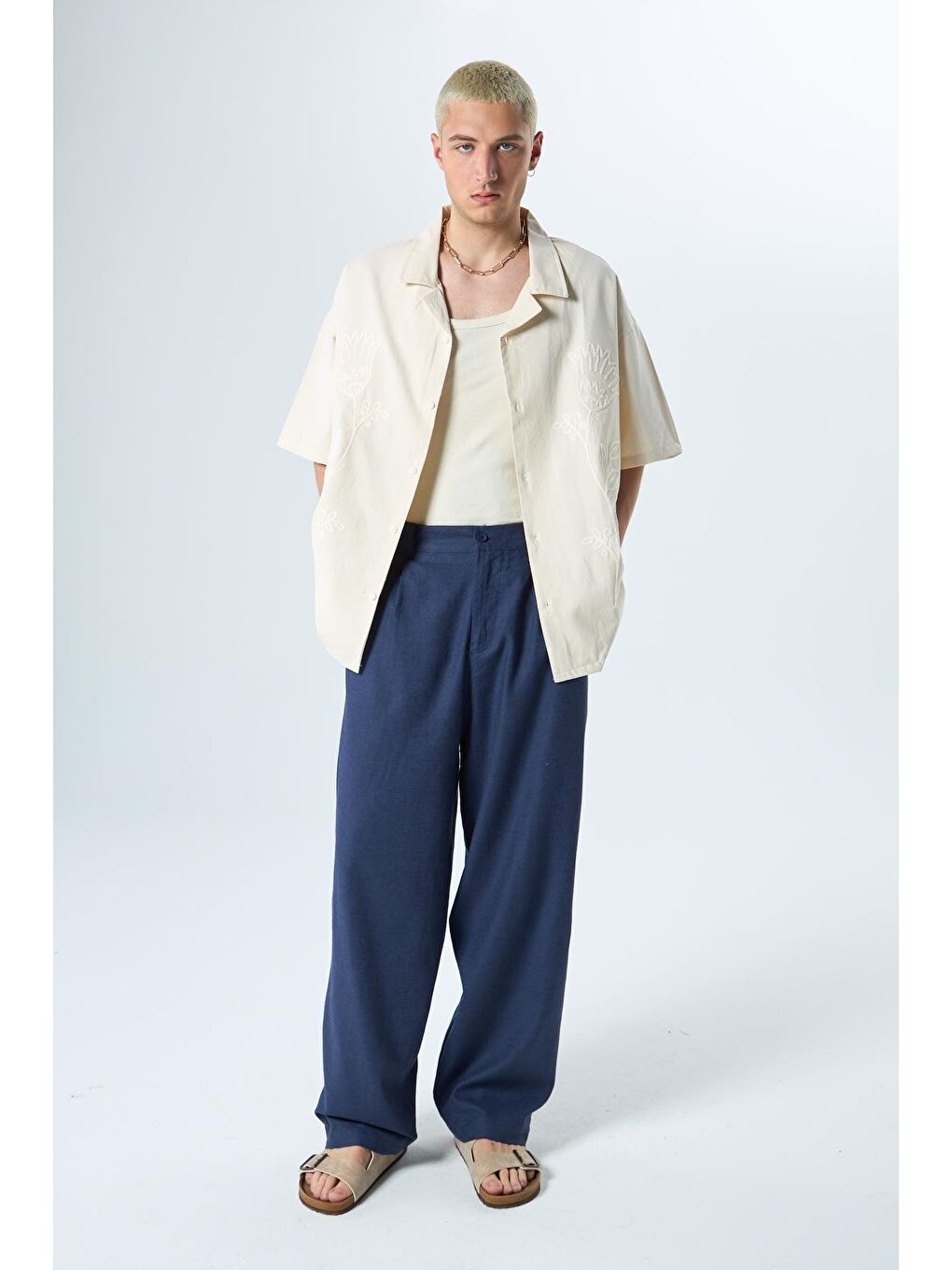 %100 Keten Baggy Pantolon İndigo