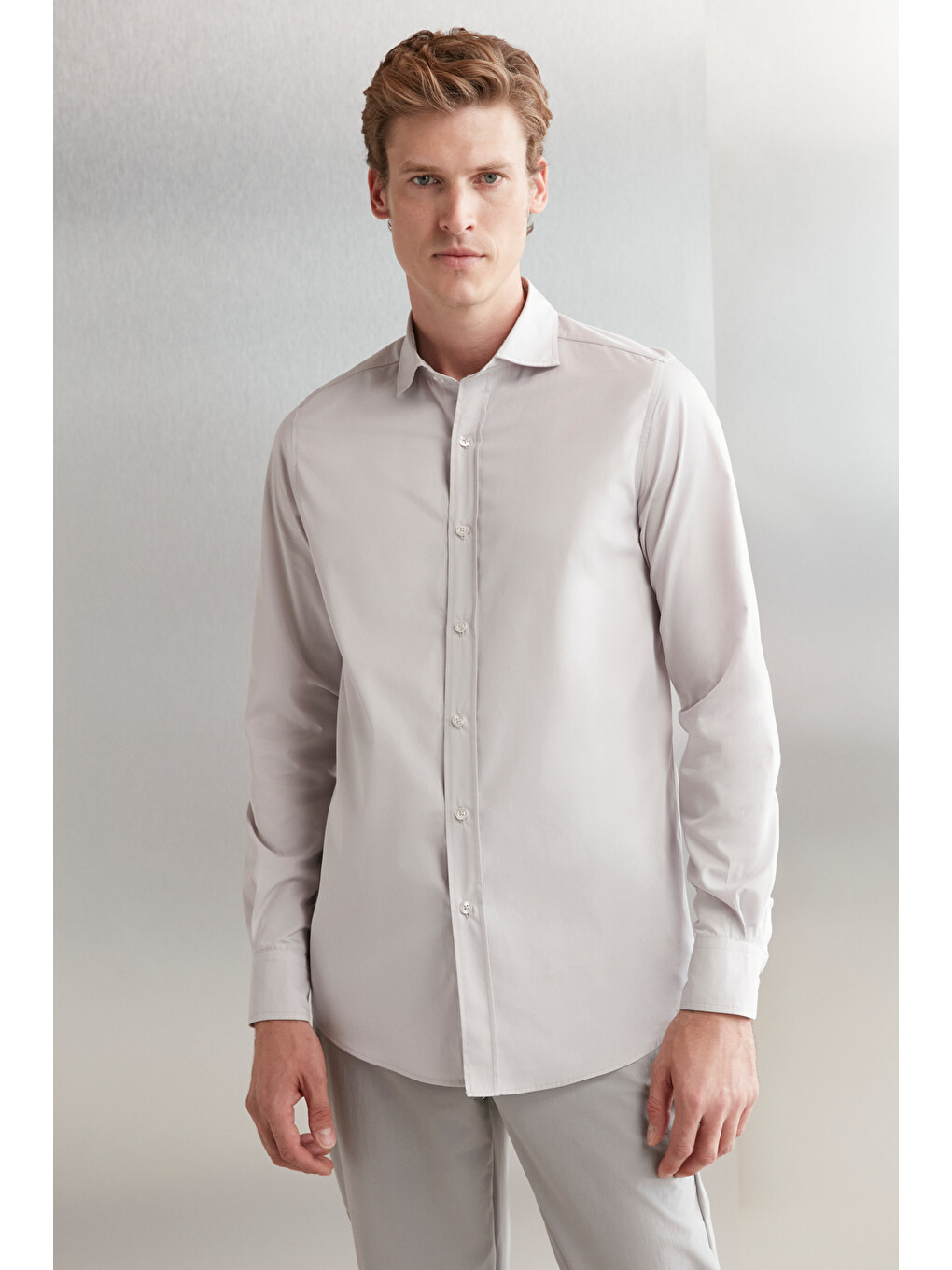 Carlsten Erkek Slim Fit İtalyan Yaka %100 Pamuk Poplin Açık Gri Gömlek-2