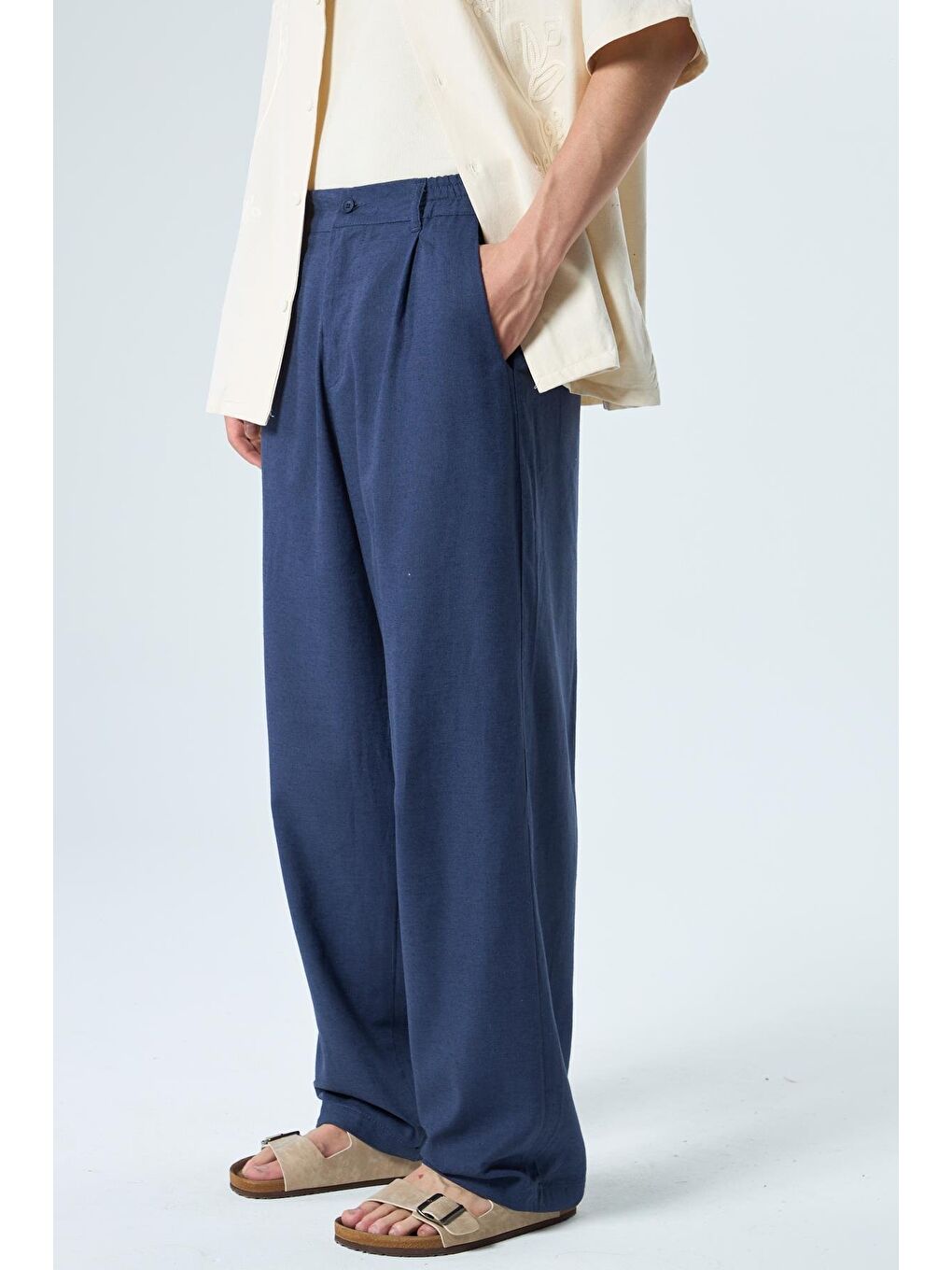%100 Keten Baggy Pantolon İndigo-1