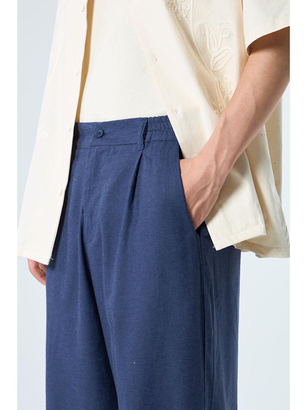 %100 Keten Baggy Pantolon İndigo-2