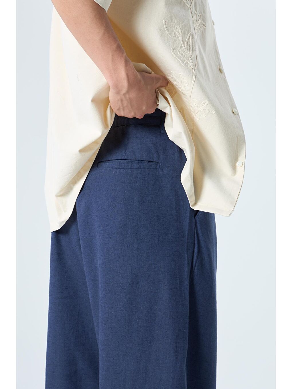 %100 Keten Baggy Pantolon İndigo-3