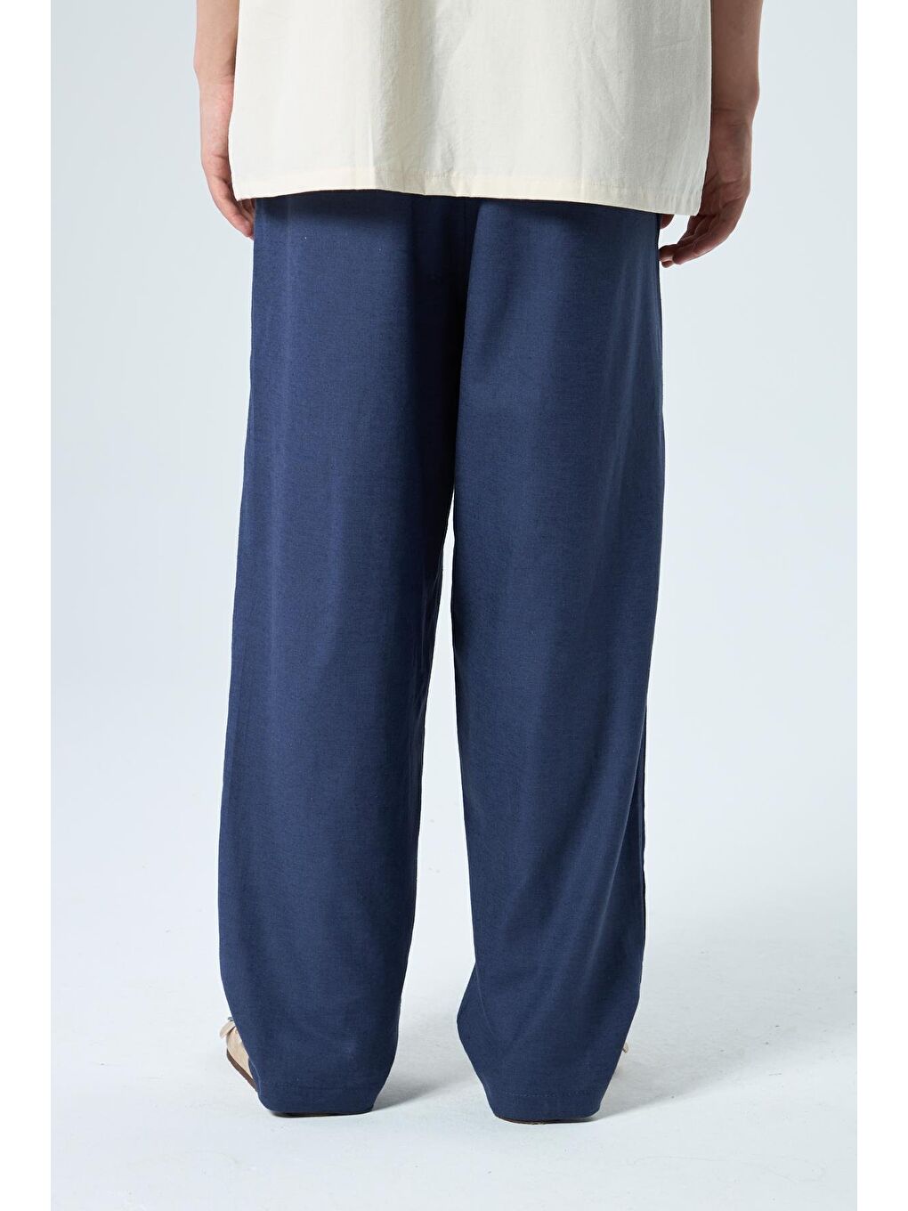 %100 Keten Baggy Pantolon İndigo-4