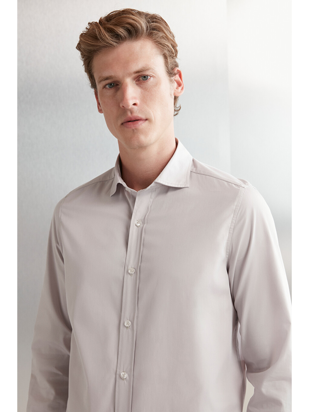 Carlsten Erkek Slim Fit İtalyan Yaka %100 Pamuk Poplin Açık Gri Gömlek-3