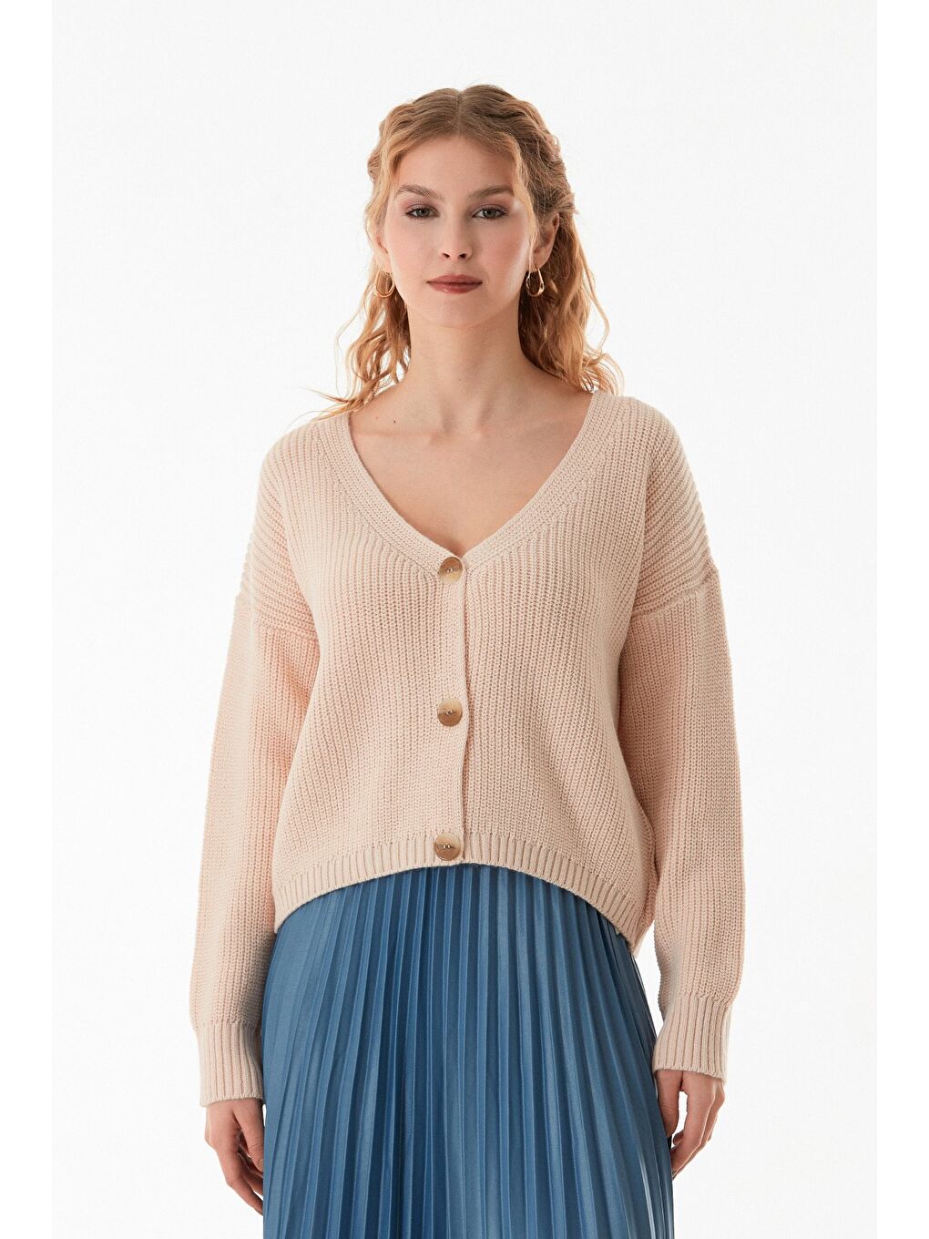 Bej Düğmeli V Yaka Triko Hırka-2