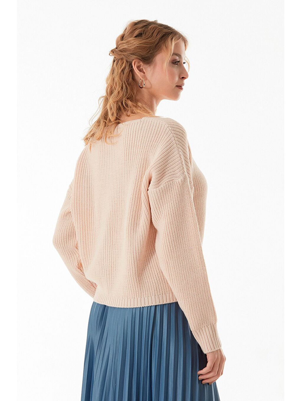 Bej Düğmeli V Yaka Triko Hırka-4