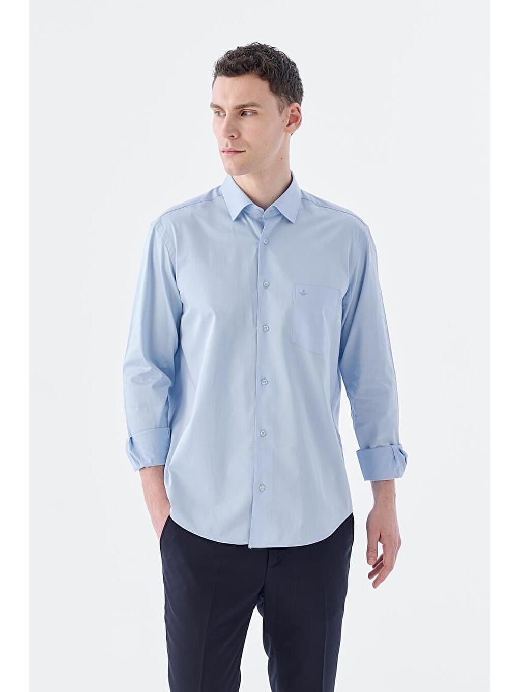 Mavi Klasik Fit İtalyan Yaka Uzun Kol Klasik Kravatlık %100 Pamuk Saten Gömlek