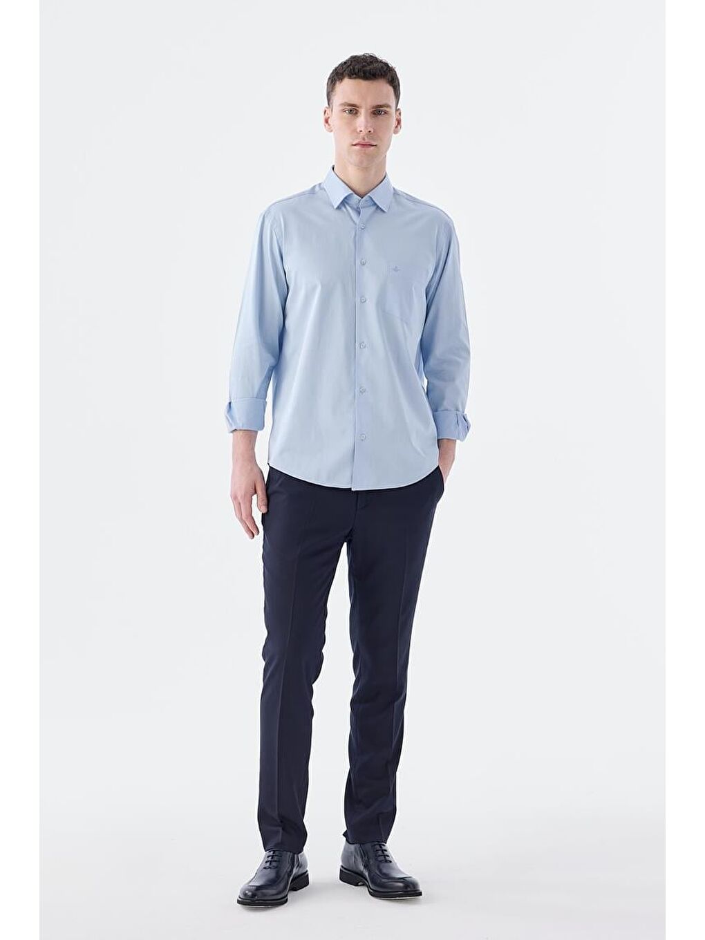 Mavi Klasik Fit İtalyan Yaka Uzun Kol Klasik Kravatlık %100 Pamuk Saten Gömlek-1