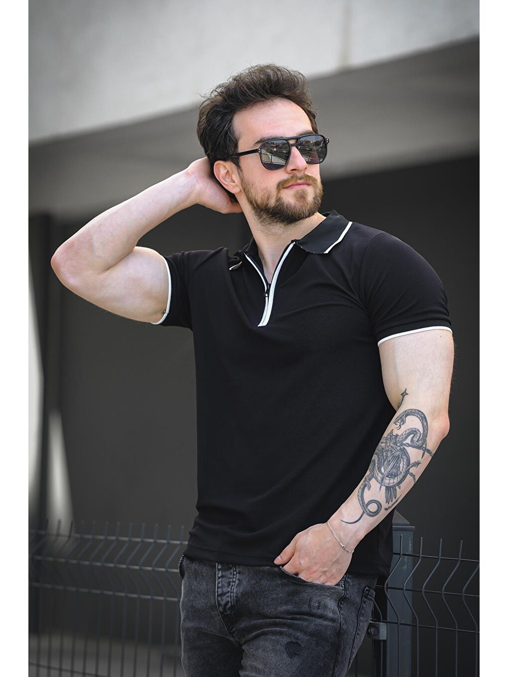 Siyah Calep Yakası Şeritli Slim Fit Fermuarlı Polo Yaka Erkek Tshirt-2