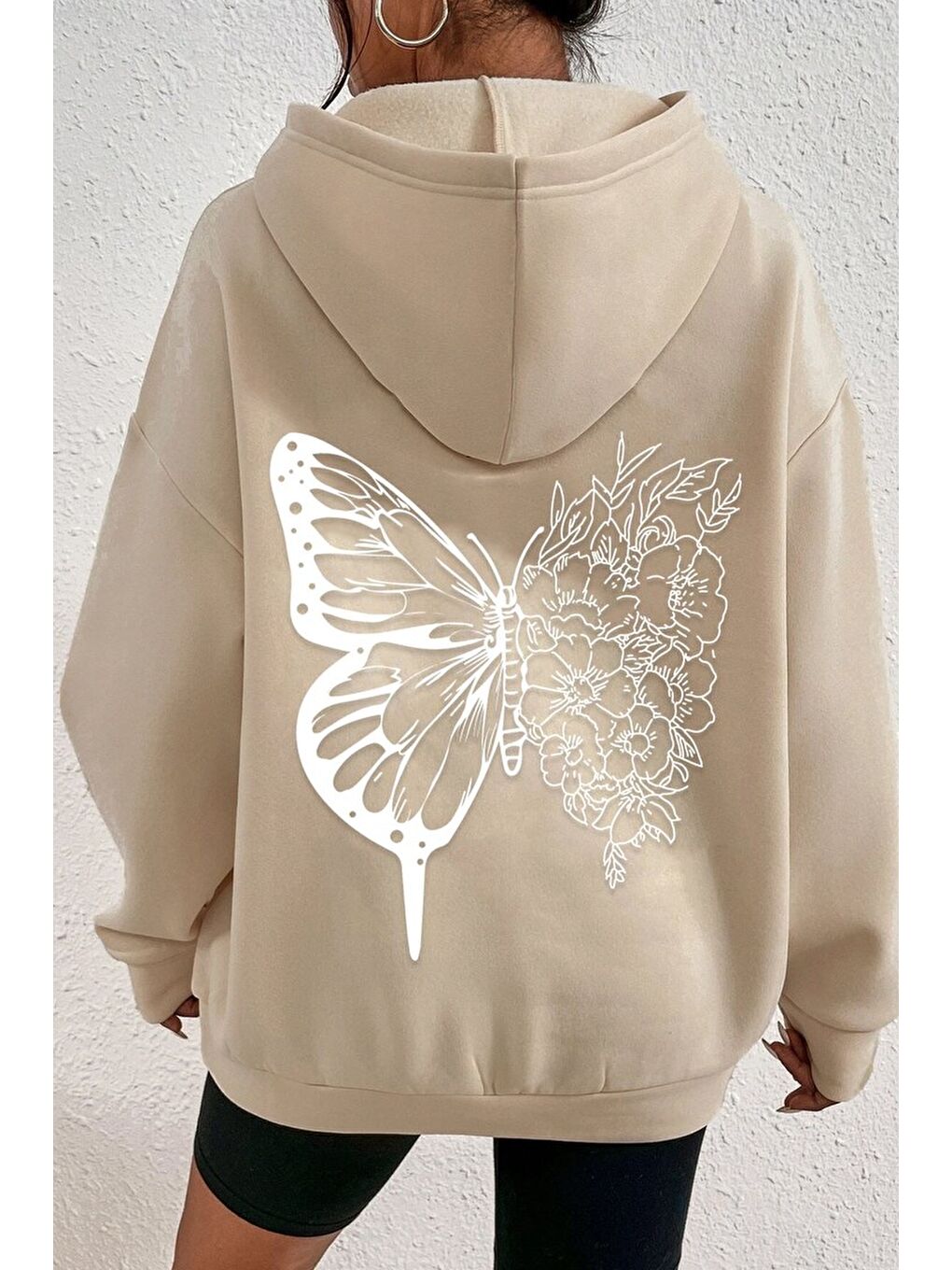 uyguntarz Bej Unisex Drawing Butterflies Sırt Baskılı Sweatshirt