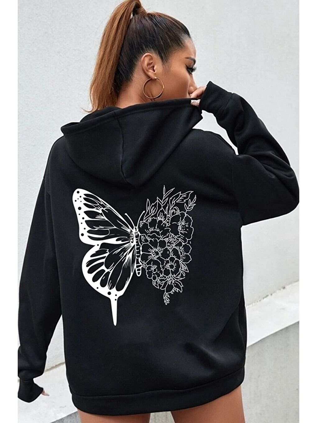 uyguntarz Siyah Unisex Drawing Butterflies Sırt Baskılı Sweatshirt