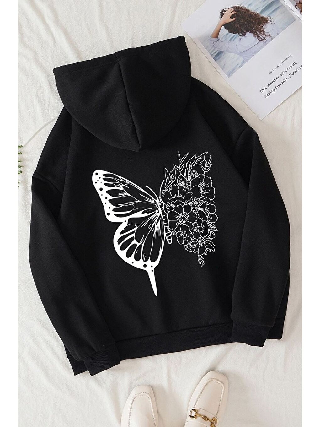 uyguntarz Siyah Unisex Drawing Butterflies Sırt Baskılı Sweatshirt - 1