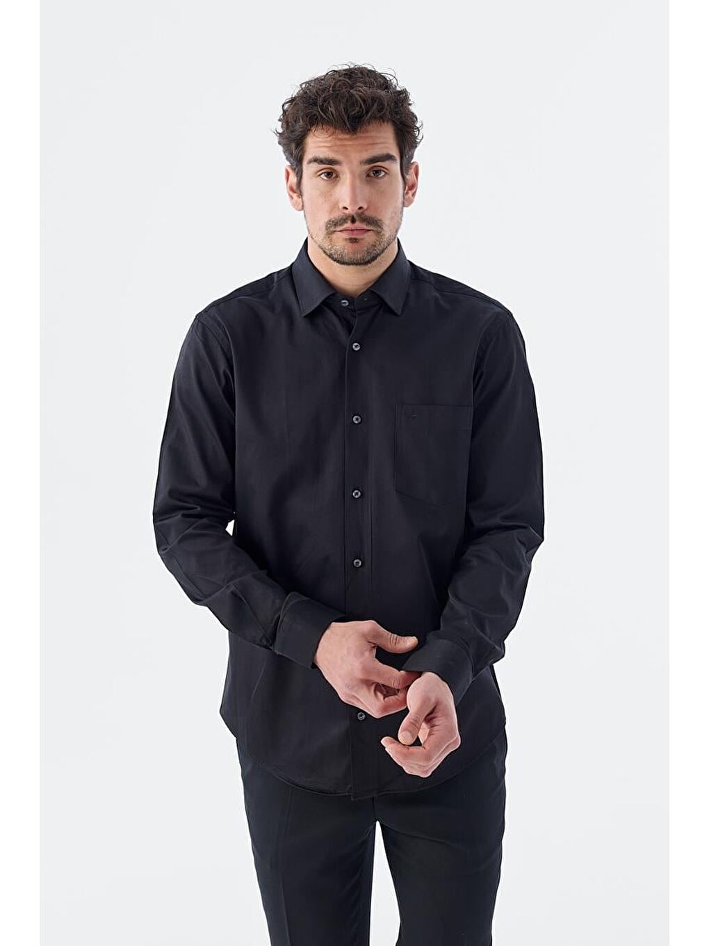 Siyah Klasik Fit İtalyan Yaka Uzun Kol Klasik Kravatlık %100 Pamuk Saten Gömlek-1