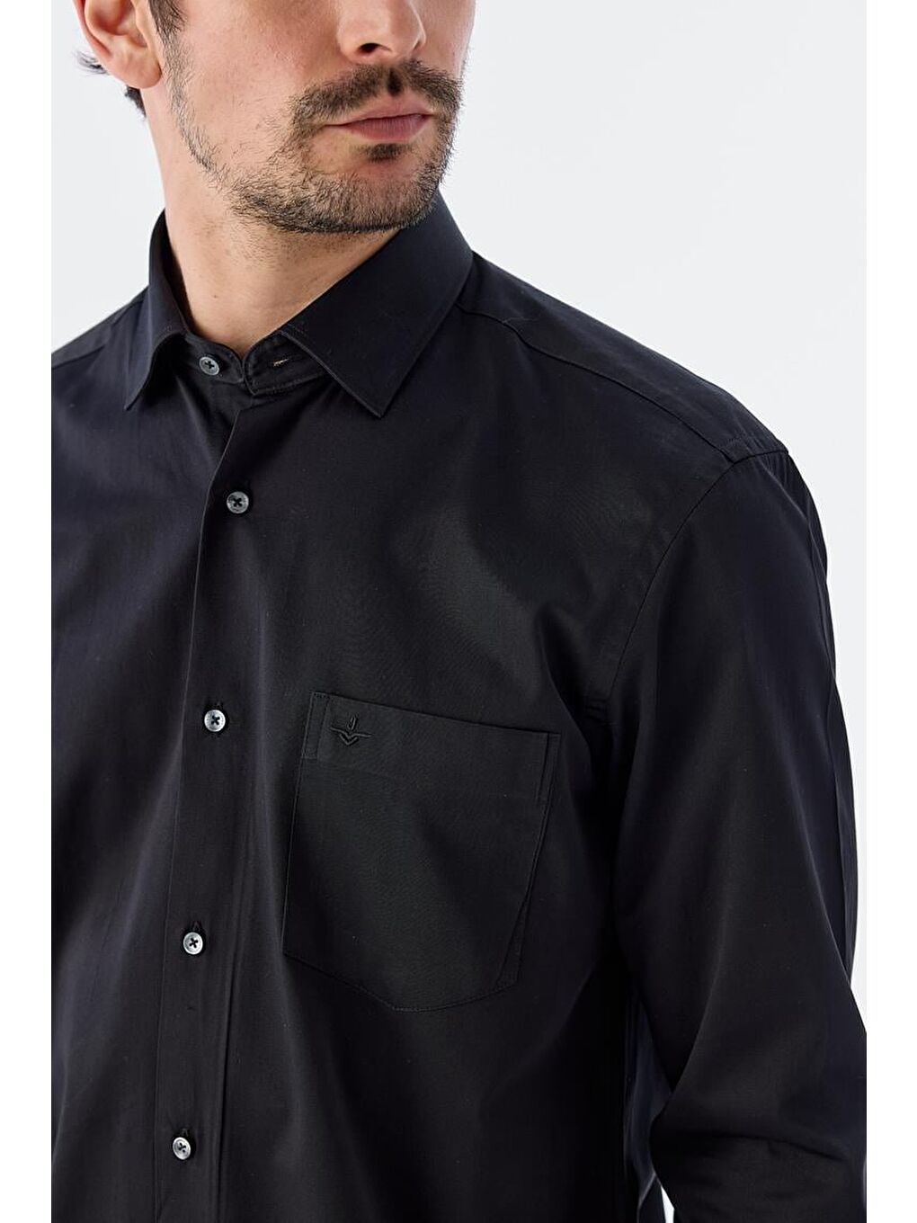 Siyah Klasik Fit İtalyan Yaka Uzun Kol Klasik Kravatlık %100 Pamuk Saten Gömlek-2