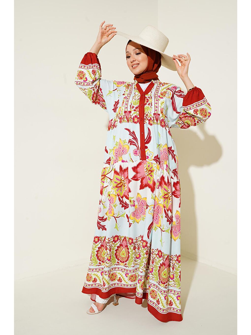 2423 Otantik Desenli Tesettür Elbise - D. Bordo