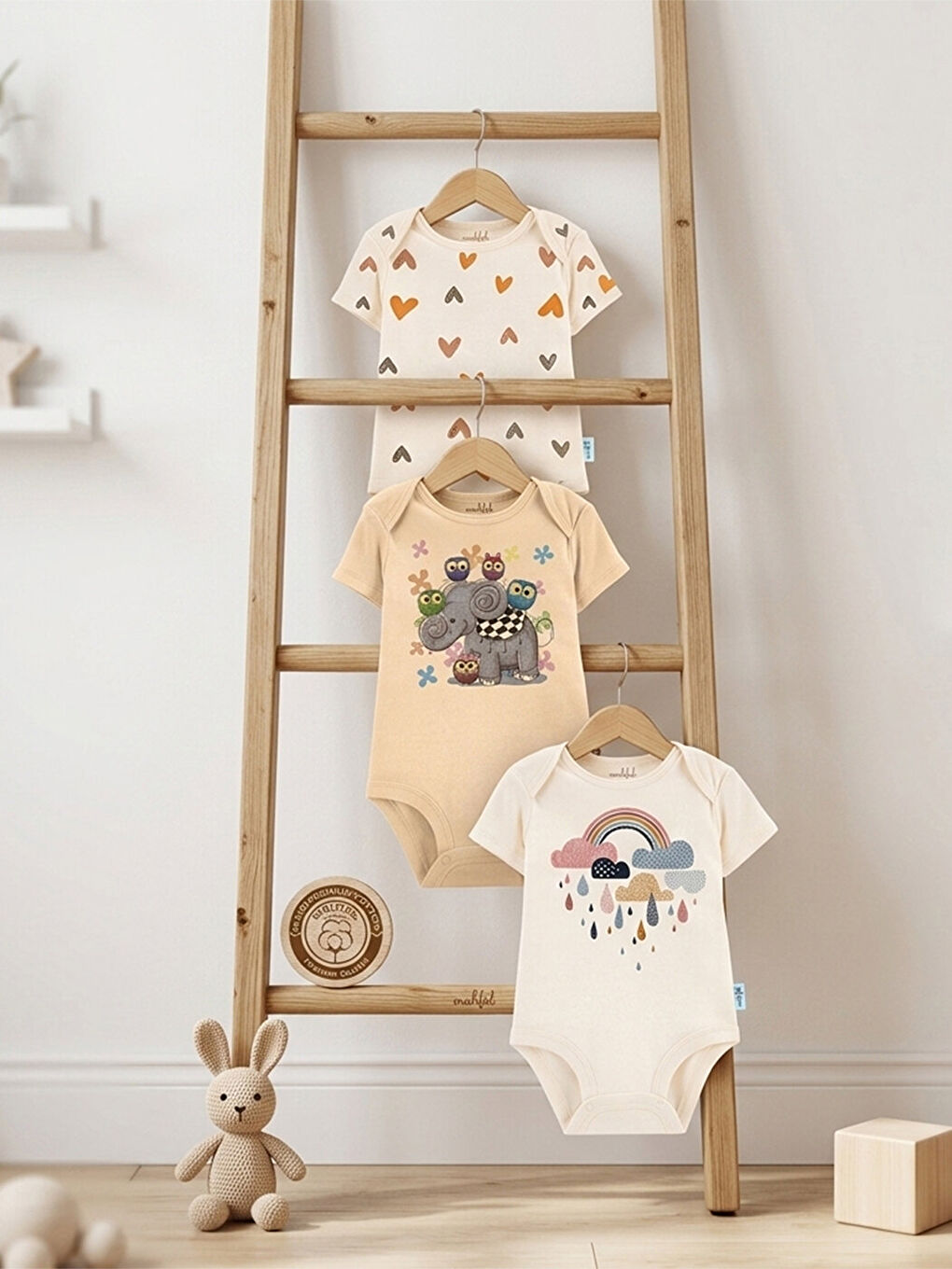 Bej 3'Lü %100 Pamuklu Organik Baskılı Kısa Kollu Çıtçıtlı Bebek Body Zıbın 42-44-1