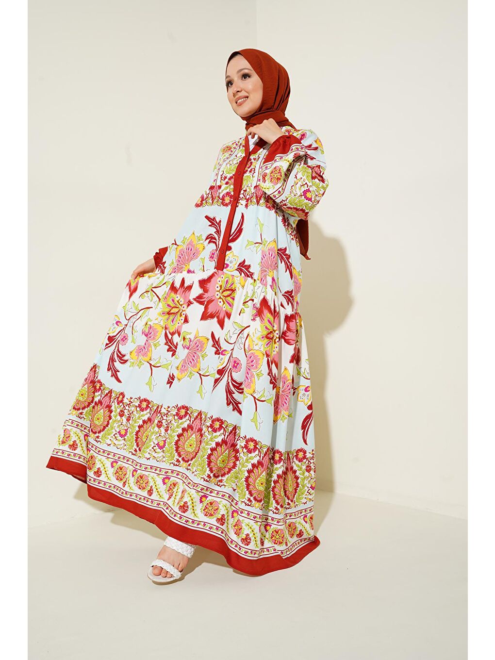 2423 Otantik Desenli Tesettür Elbise - D. Bordo-1