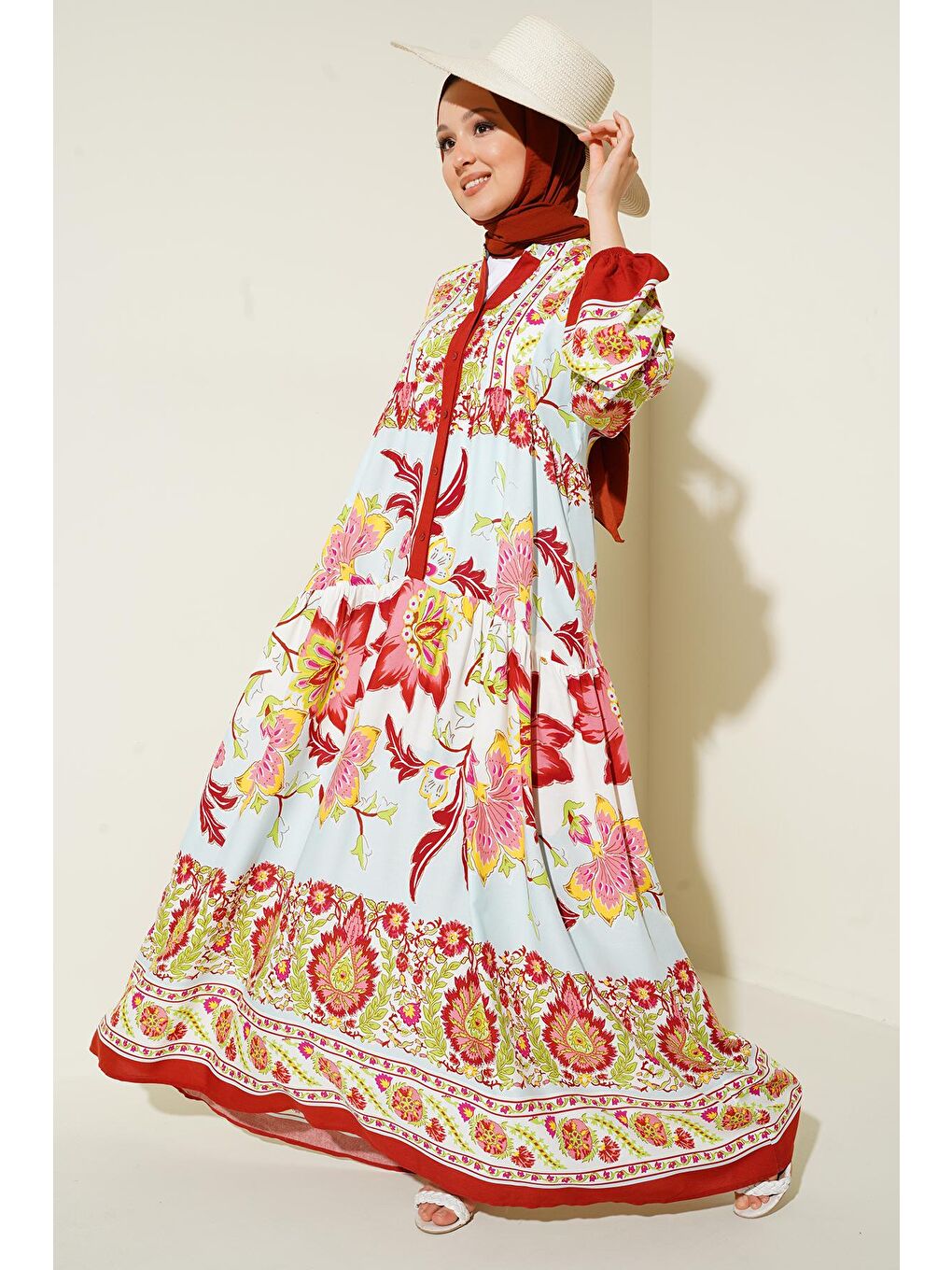 2423 Otantik Desenli Tesettür Elbise - D. Bordo-2