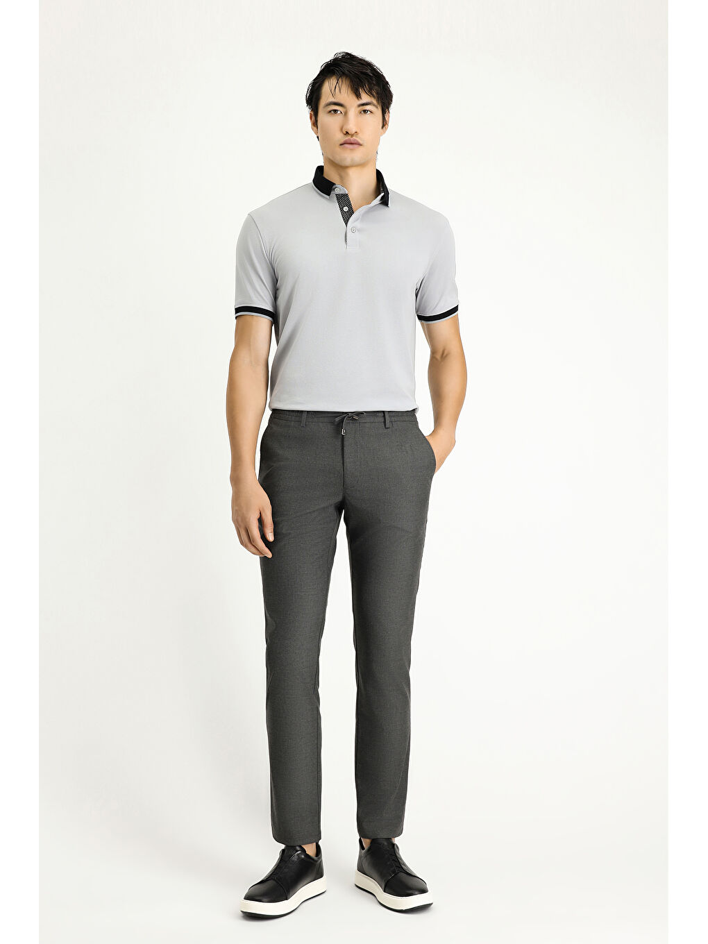 Gri Regular Fit Beli Lastikli İpli Elastanlı Pantolon-1