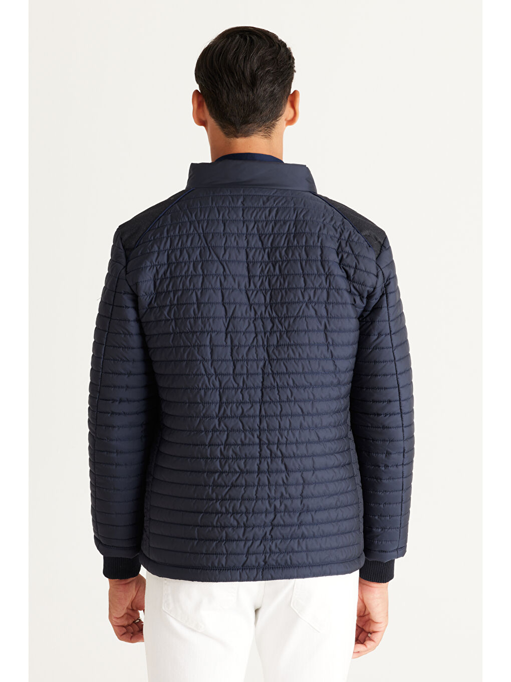 Erkek Lacivert Standart Fit Normal Kesim Dik Yaka Desenli Mont-5