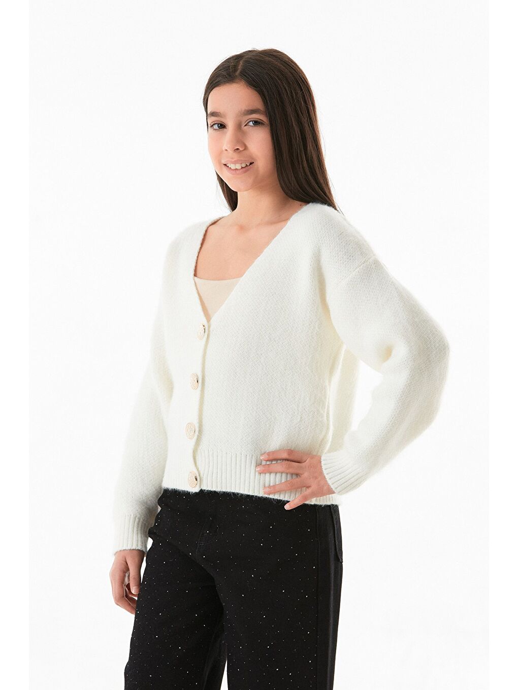 Ekru Düğmeli V Yaka Kız Çocuk Triko Hırka-1