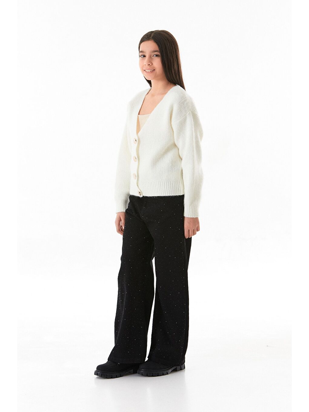 Ekru Düğmeli V Yaka Kız Çocuk Triko Hırka-2