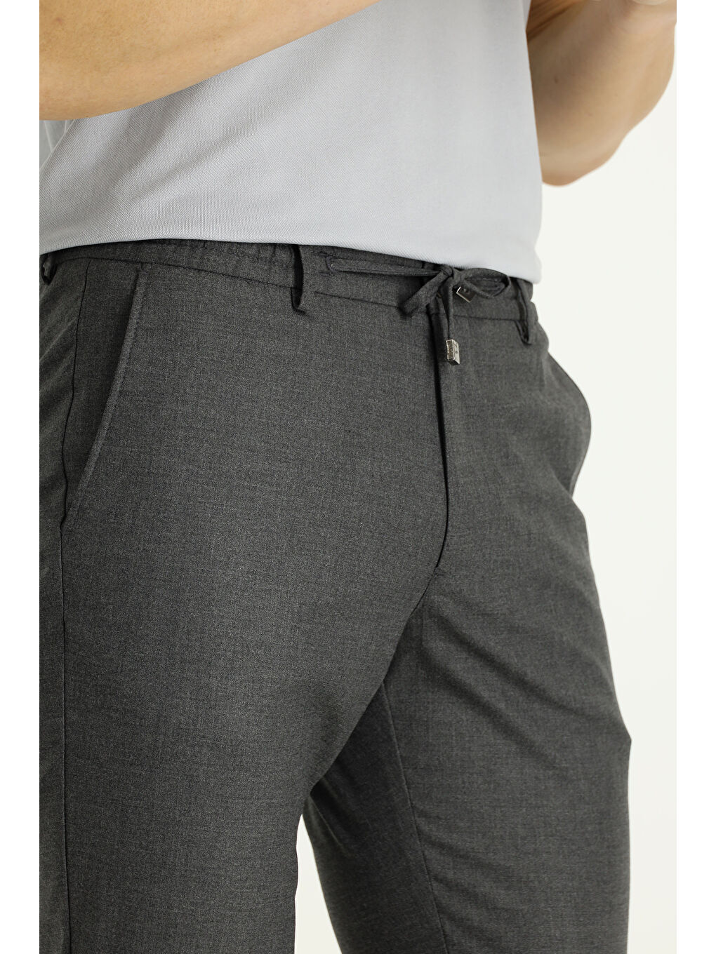 Gri Regular Fit Beli Lastikli İpli Elastanlı Pantolon-2