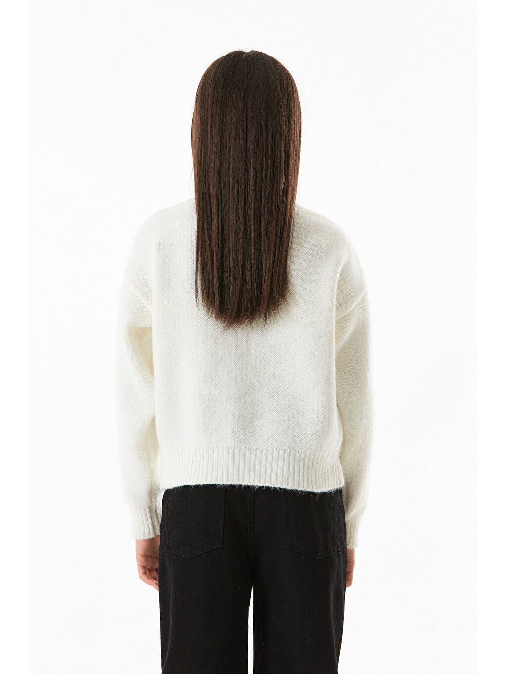 Ekru Düğmeli V Yaka Kız Çocuk Triko Hırka-3