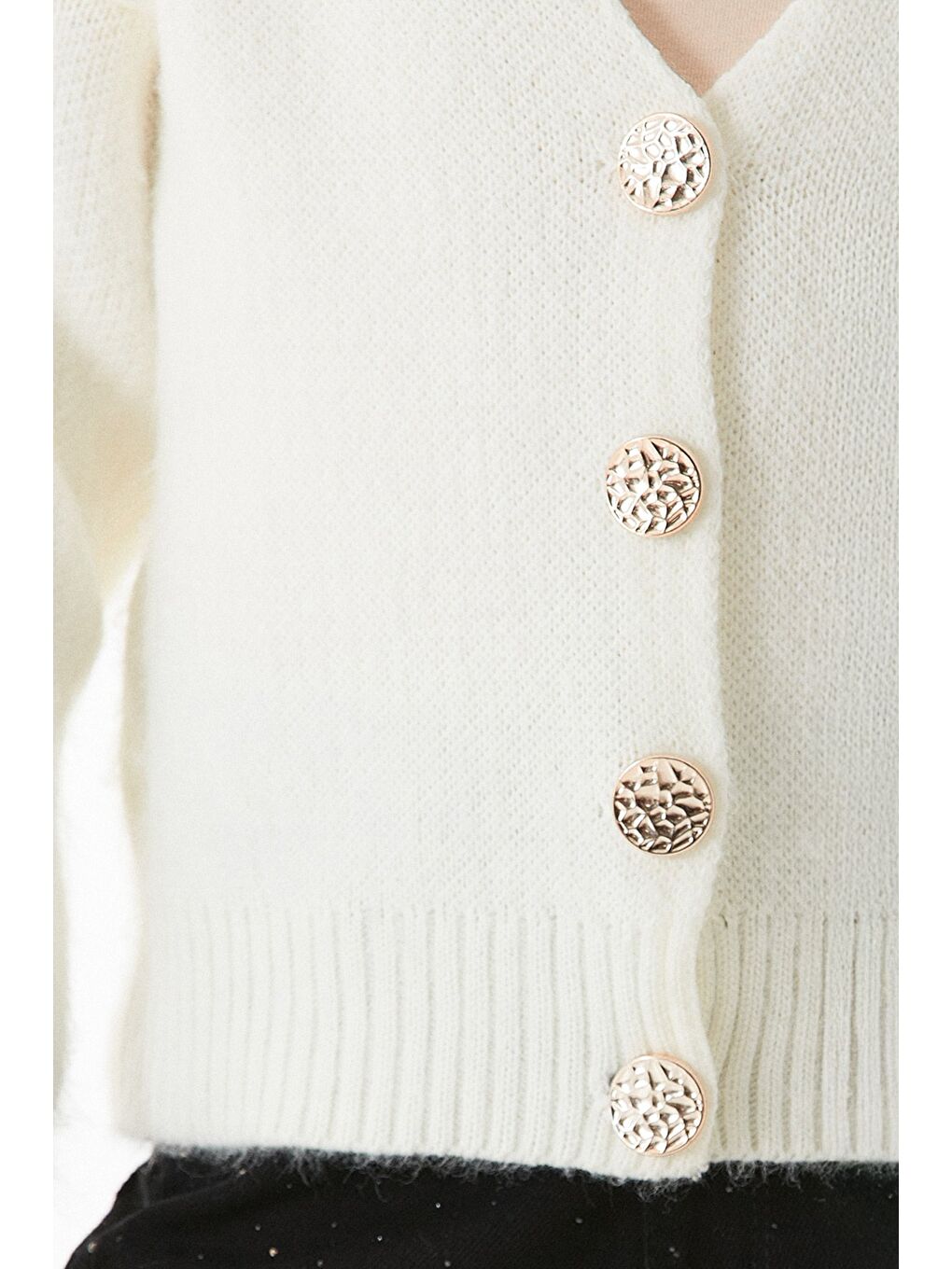 Ekru Düğmeli V Yaka Kız Çocuk Triko Hırka-4