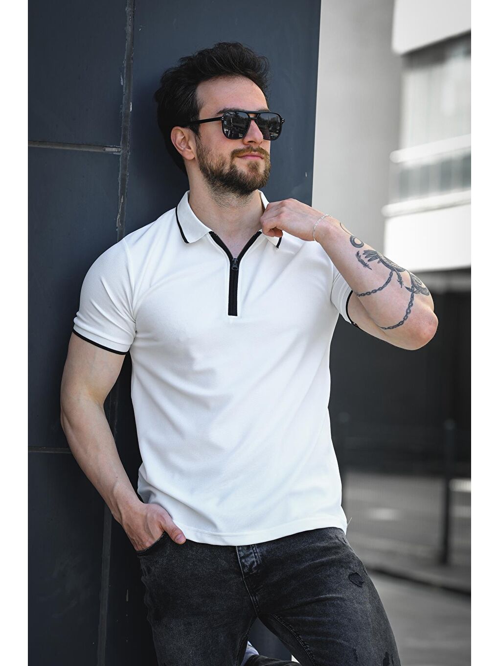 Beyaz Calep Yakası Şeritli Slim Fit Fermuarlı Polo Yaka Erkek Tshirt-2