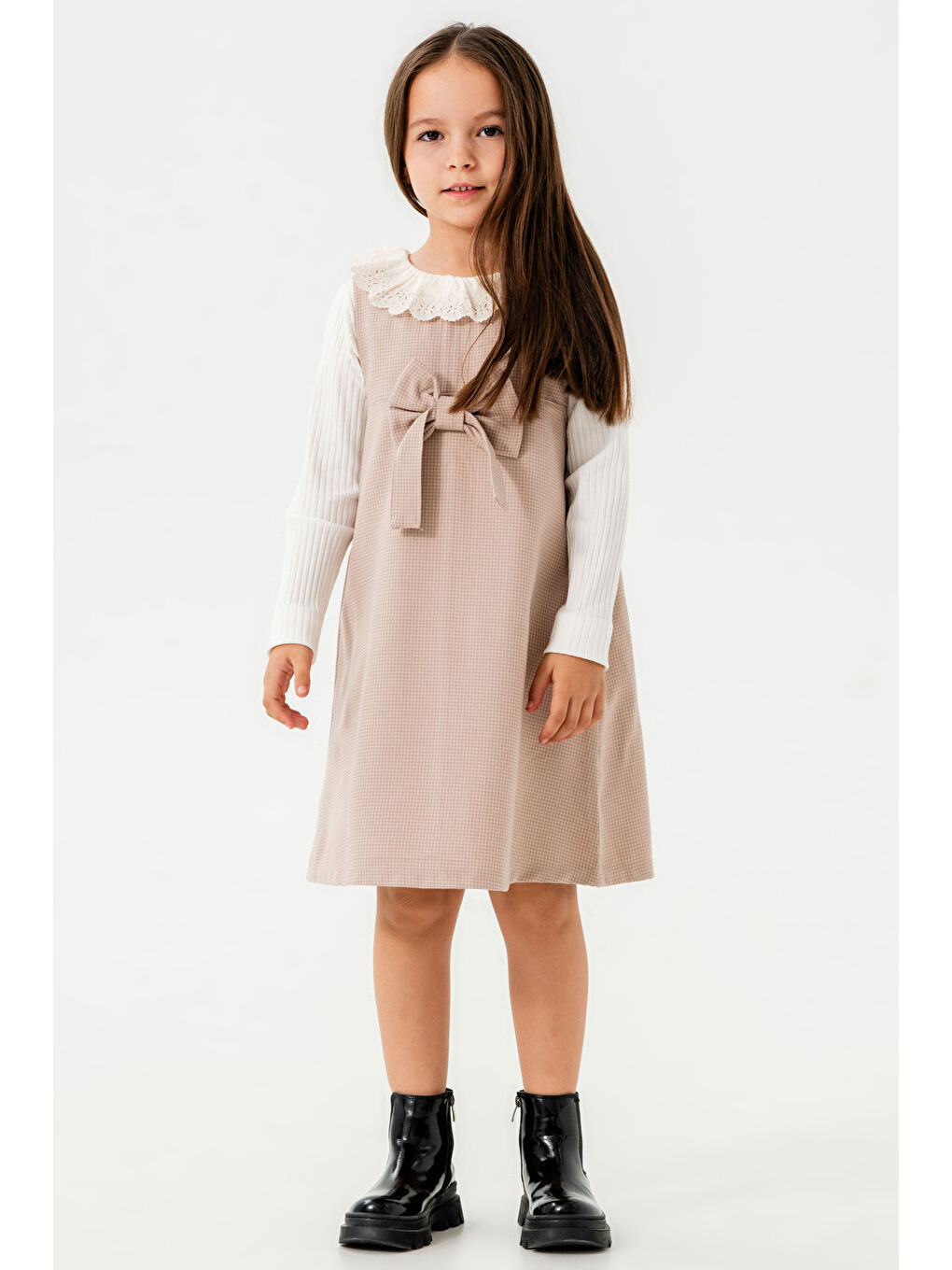 Pembe Kız Çocuk Gül Kurusu Ekose Kurdeleli Yaka Detaylı 3-7 Yaş Badili Elbise 3704-4