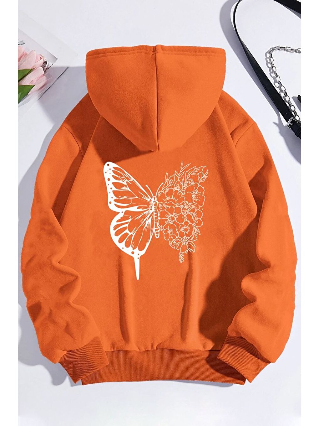 uyguntarz Turuncu Unisex Drawing Butterflies Sırt Baskılı Sweatshirt