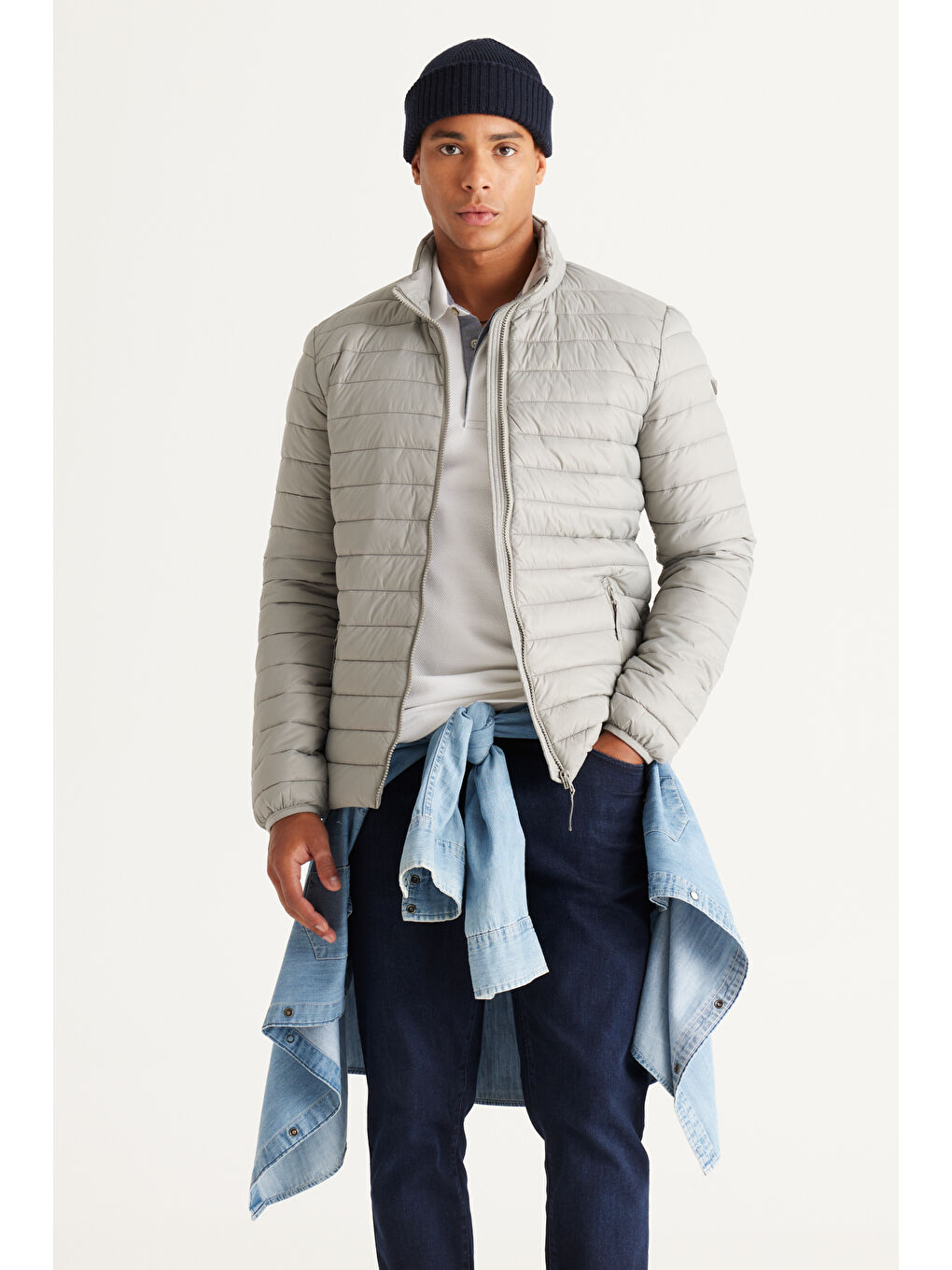 Erkek Gri Standart Fit Normal Kesim Dik Yaka Desenli Mont