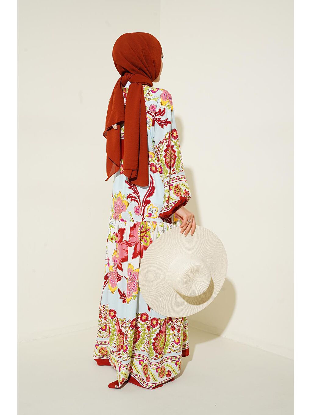 2423 Otantik Desenli Tesettür Elbise - D. Bordo-5