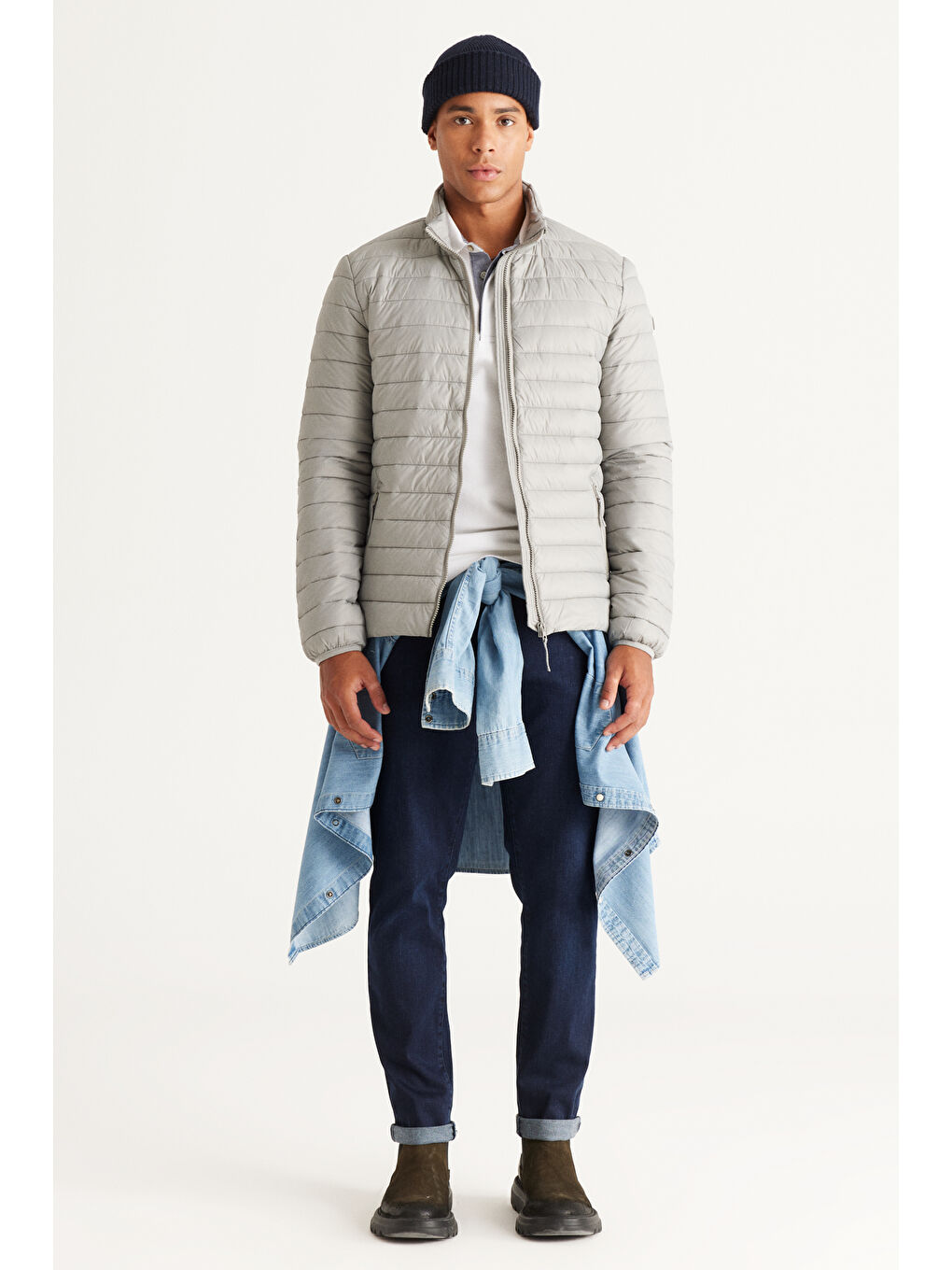 Erkek Gri Standart Fit Normal Kesim Dik Yaka Desenli Mont-4