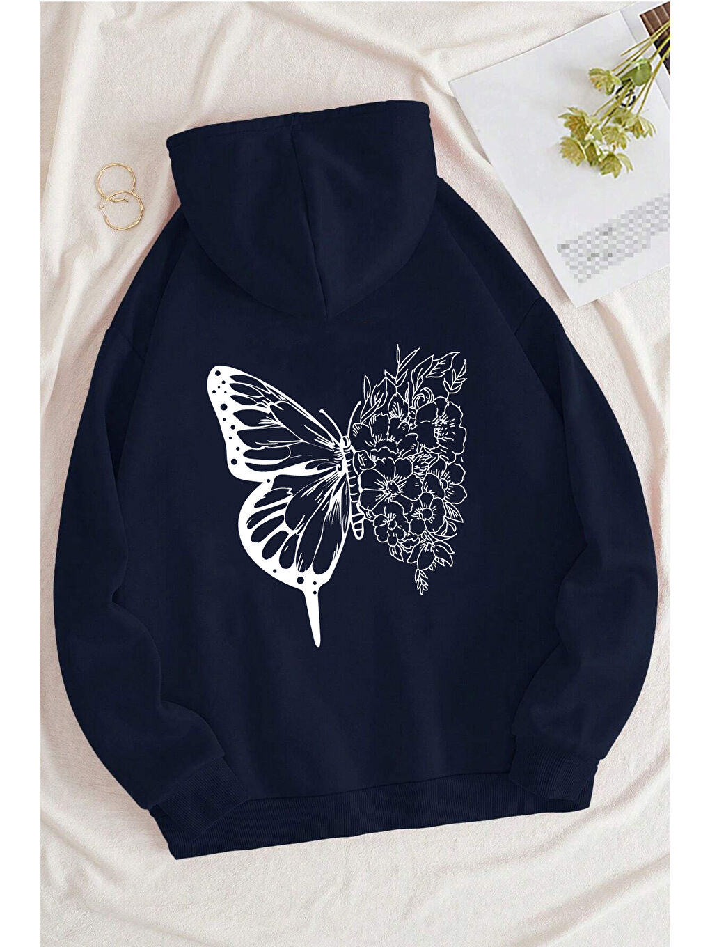 uyguntarz Açık Lacivert Unisex Drawing Butterflies Sırt Baskılı Sweatshirt