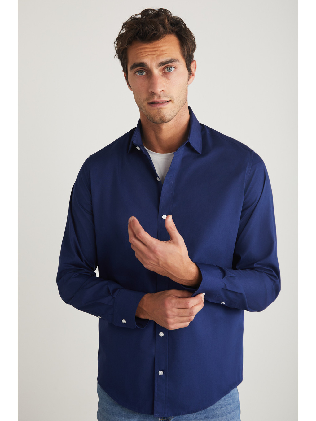 Erkek Slim Fit İtalyan Yaka %100 Pamuk Poplin Lacivert Gömlek-4