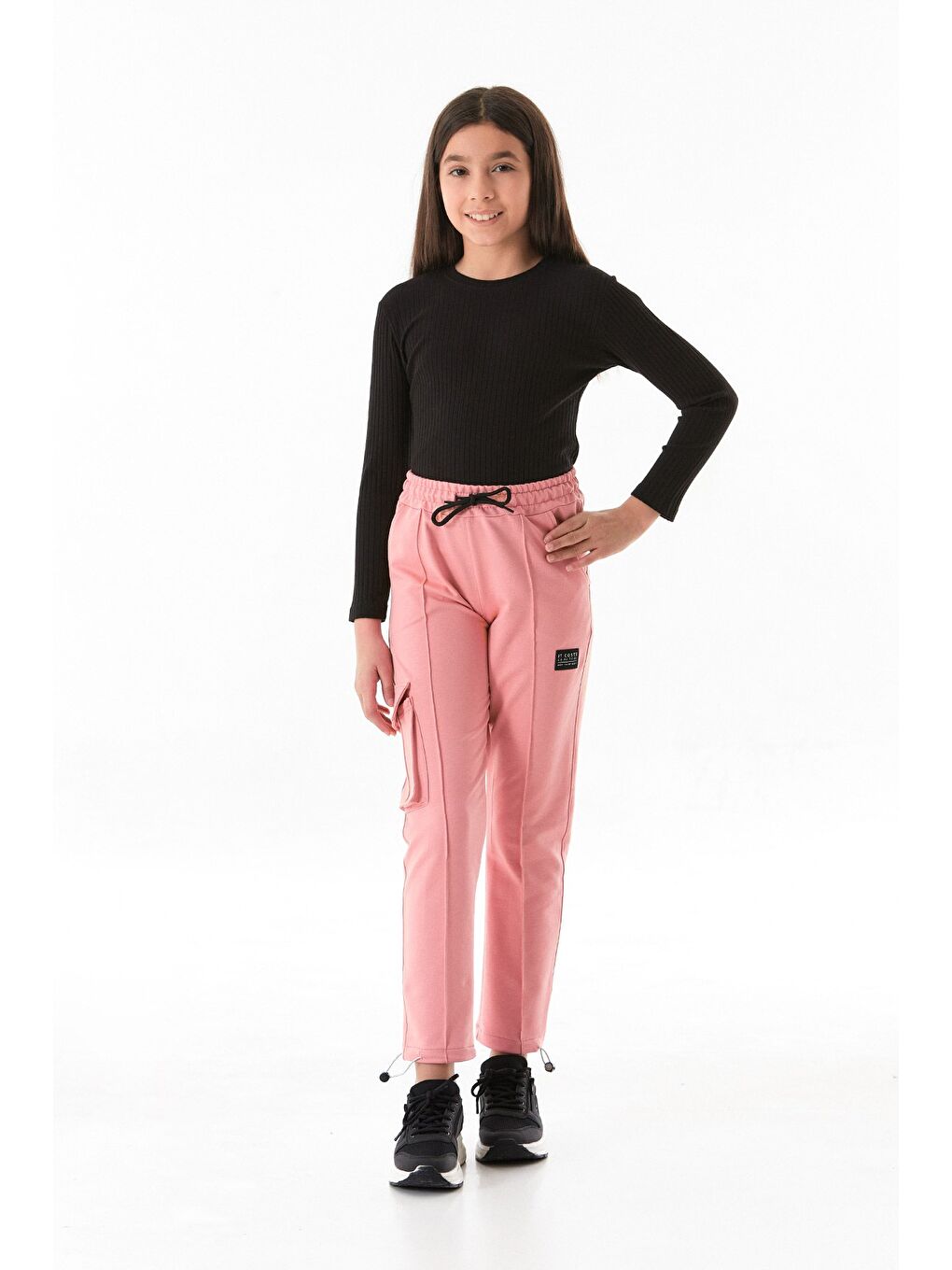 Pembe Beli Lastikli Paçası Stoperli Kargo Cepli Kız Çocuk Eşofman Altı