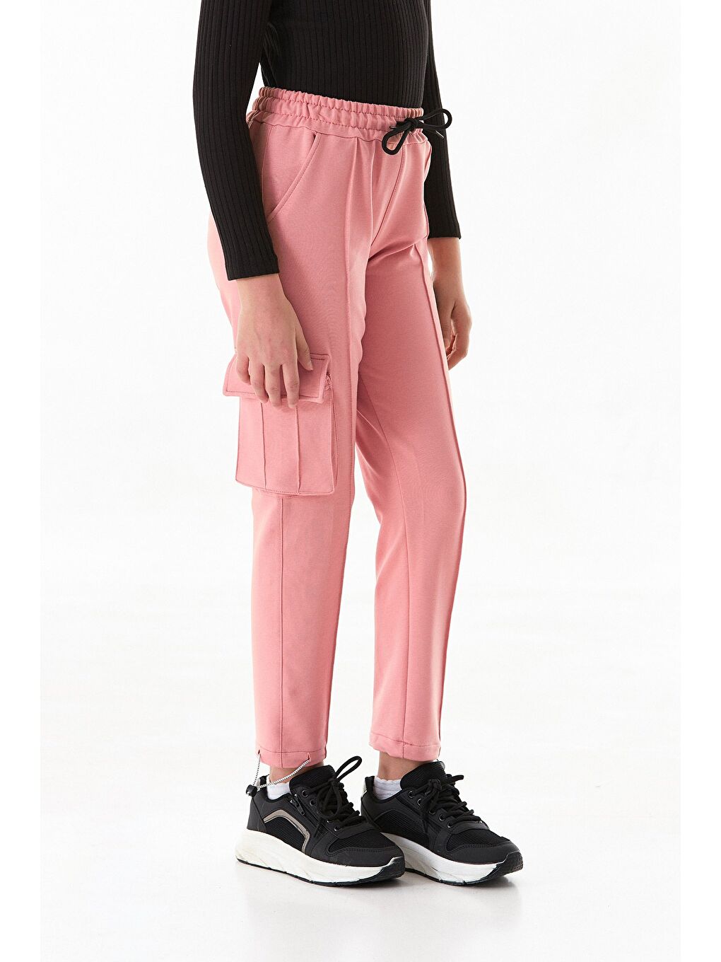 Pembe Beli Lastikli Paçası Stoperli Kargo Cepli Kız Çocuk Eşofman Altı-1