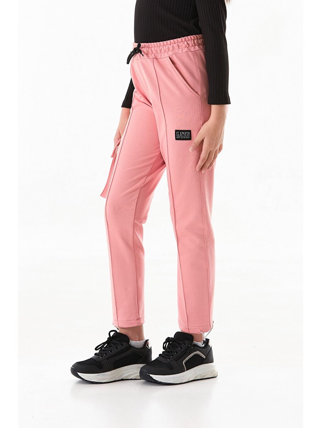 Pembe Beli Lastikli Paçası Stoperli Kargo Cepli Kız Çocuk Eşofman Altı-2