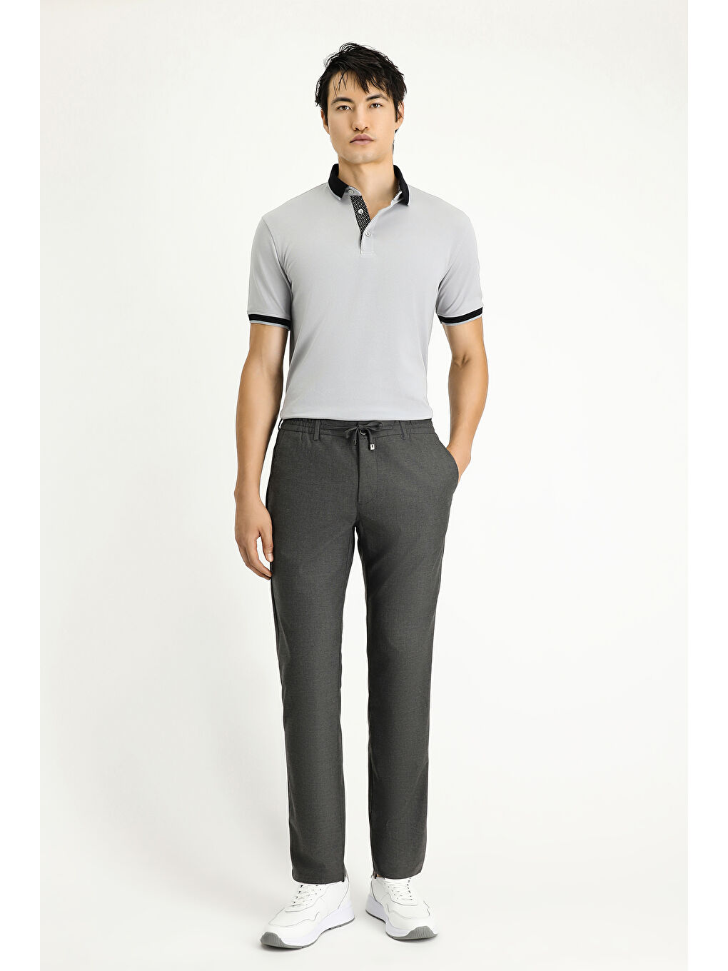 Gri Relaxed Fit Rahat Kesim Beli Lastikli İpli Elastanlı Pantolon