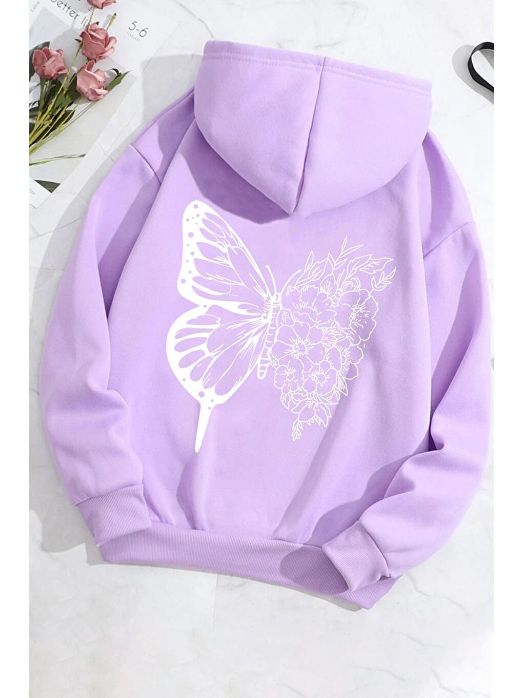 uyguntarz Lila Unisex Drawing Butterflies Sırt Baskılı Sweatshirt